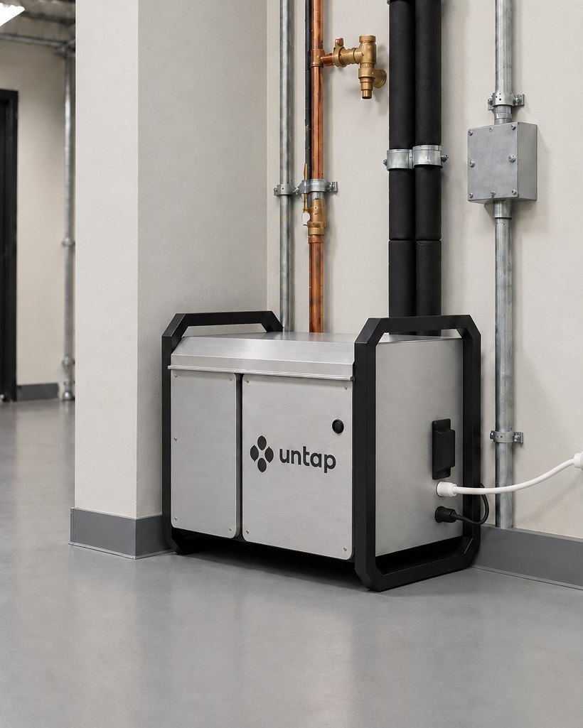 Untap monitoring unit installed in a plant room, connected to the building's pipework