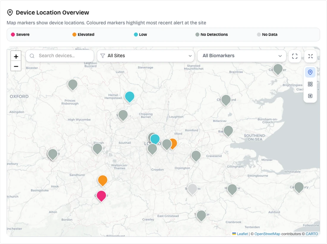 The Untap device location overview: a map of London and the South East with a marker at each monitored site, coloured by its most recent alert.